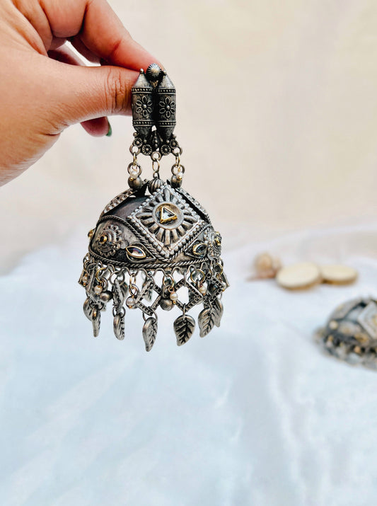 Oxidised German Silver Jhumka with Kundan