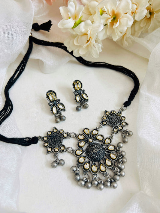 Oxidised German Silver Antique Kundan Necklace Earrings Set for Women