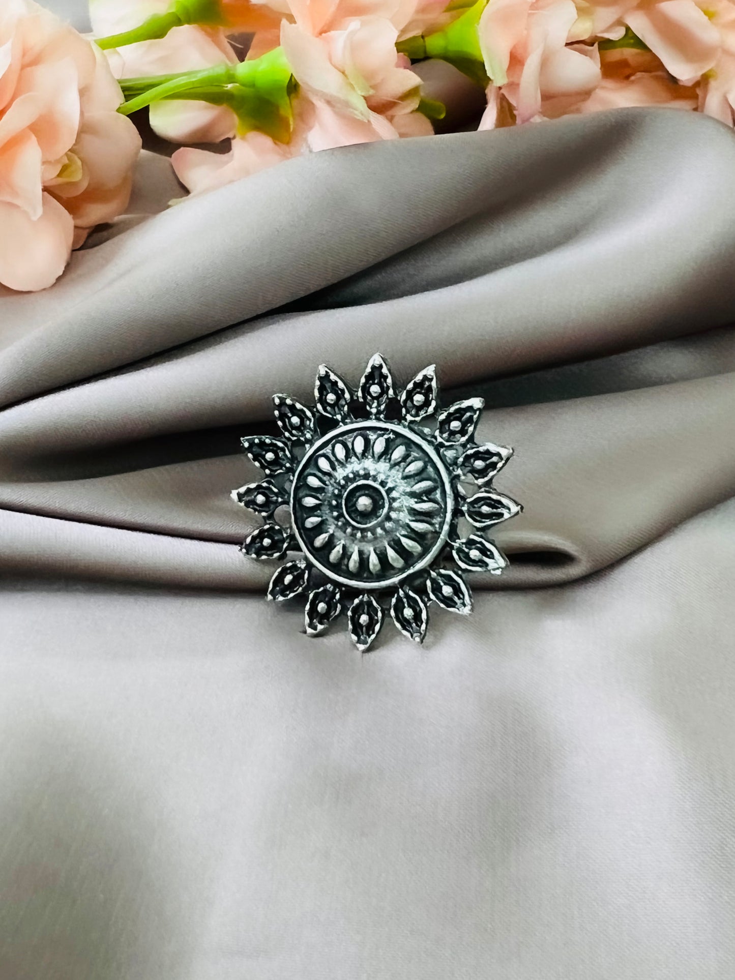 Round Adjustable Oxidised German Silver Floral Finger Ring Free Size