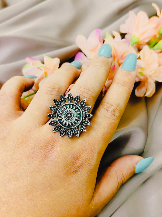 Round Adjustable Oxidised German Silver Floral Finger Ring Free Size