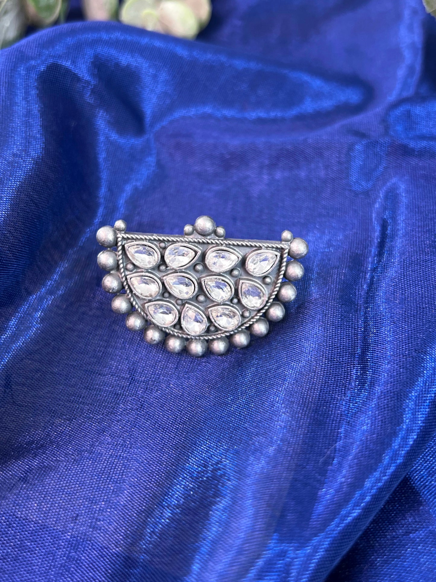 Half Moon Studded Oxidised German Silver Finger Ring Adjustable and Free Size