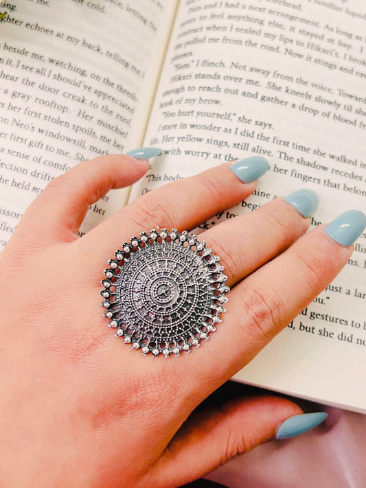 Chunky Round Tribal Ethnic Oxidised Silver Finger ring Adustable | Free Size