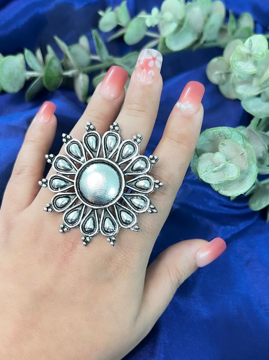 Chunky Round Surajmukhi Adjustable Free Size German Silver Finger Ring
