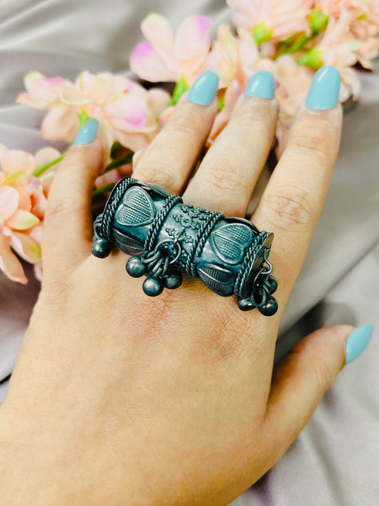 Chunky Antique Black Finish German Silver Tribal Ghungaroo Finger Ring