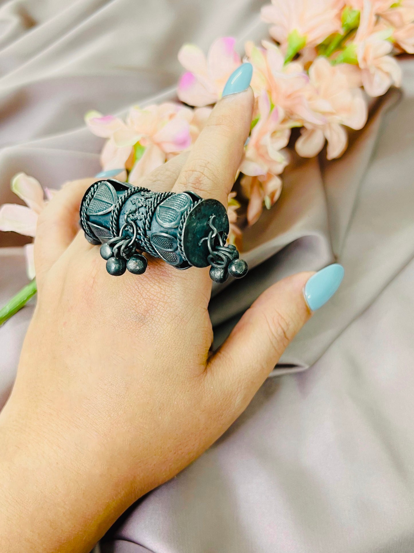 Chunky Antique Black Finish German Silver Tribal Ghungaroo Finger Ring