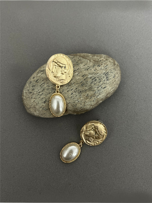 Golden Greek Goddess Pearl Drop Contemporary Earrings