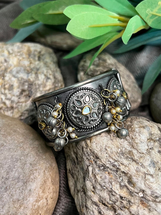 Oxidised Cuff Bangle Bracelet with Kundan and Ghungroo Free Size