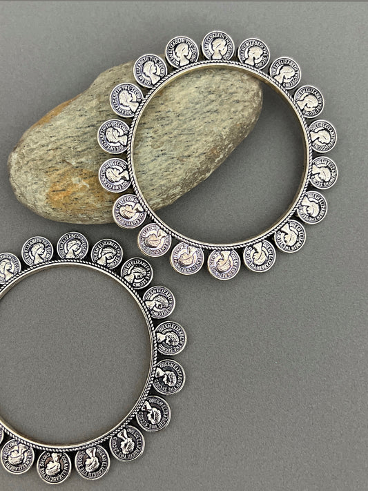 Oxidised Pair of  Greek Goddess Coin Bangles in Size 2.4 and 2.6