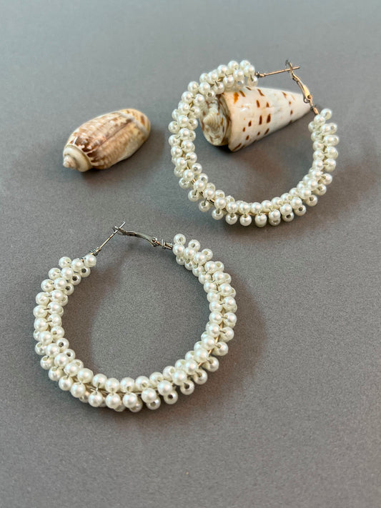 Everyday White Beaded Pearl Hoop Bali Earrings for Women
