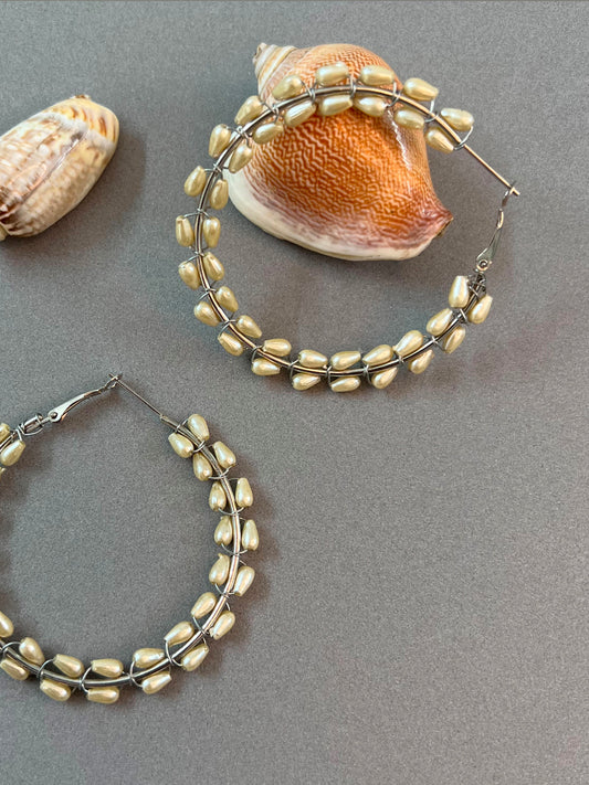 Off White Beaded Handmade Pearl Hoop Earrings for Women