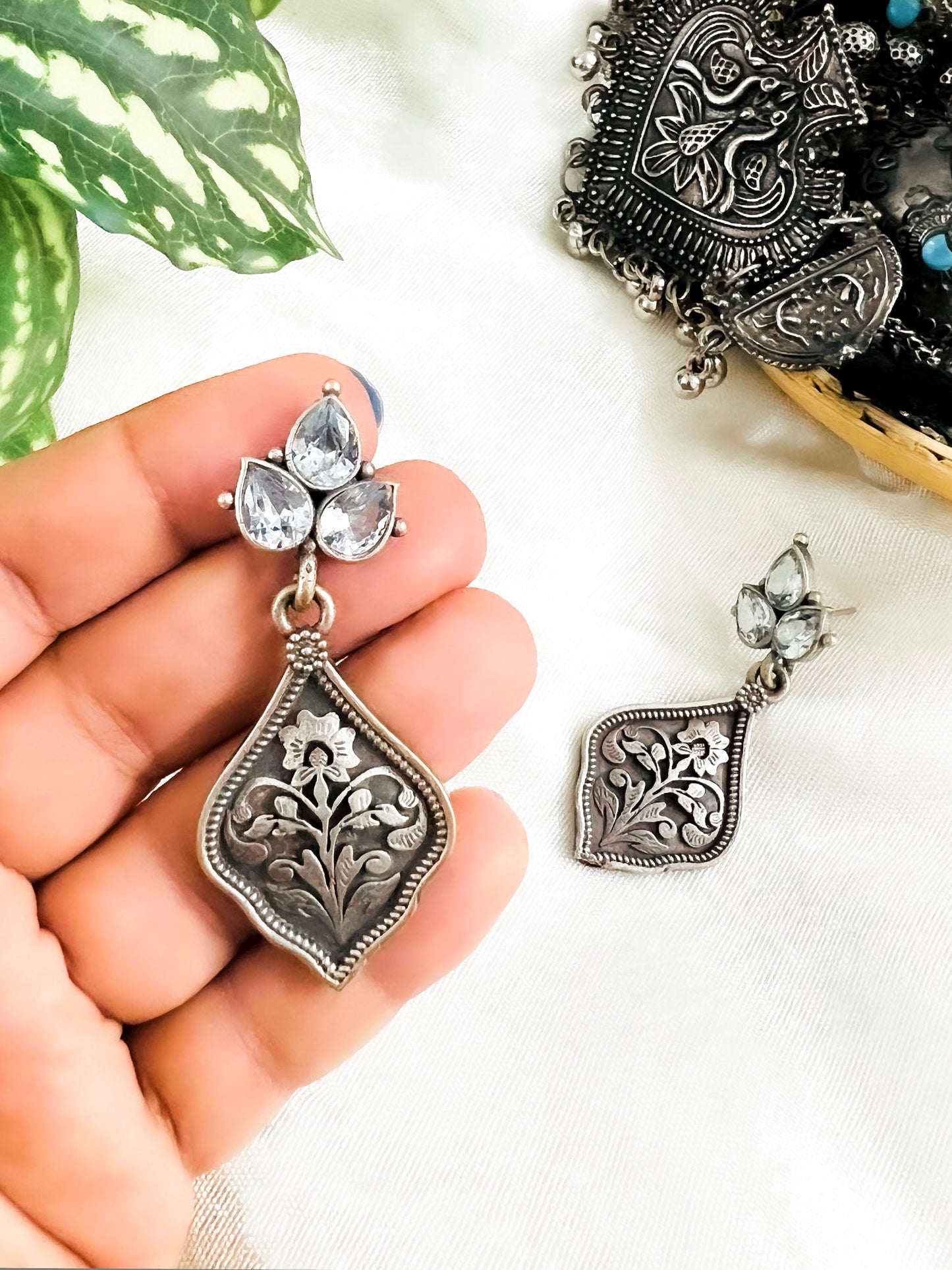 Silver Replica Intricate Floral Motif Drop Earrings for Women