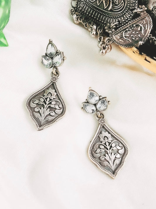 Silver Replica Intricate Floral Motif Drop Earrings for Women