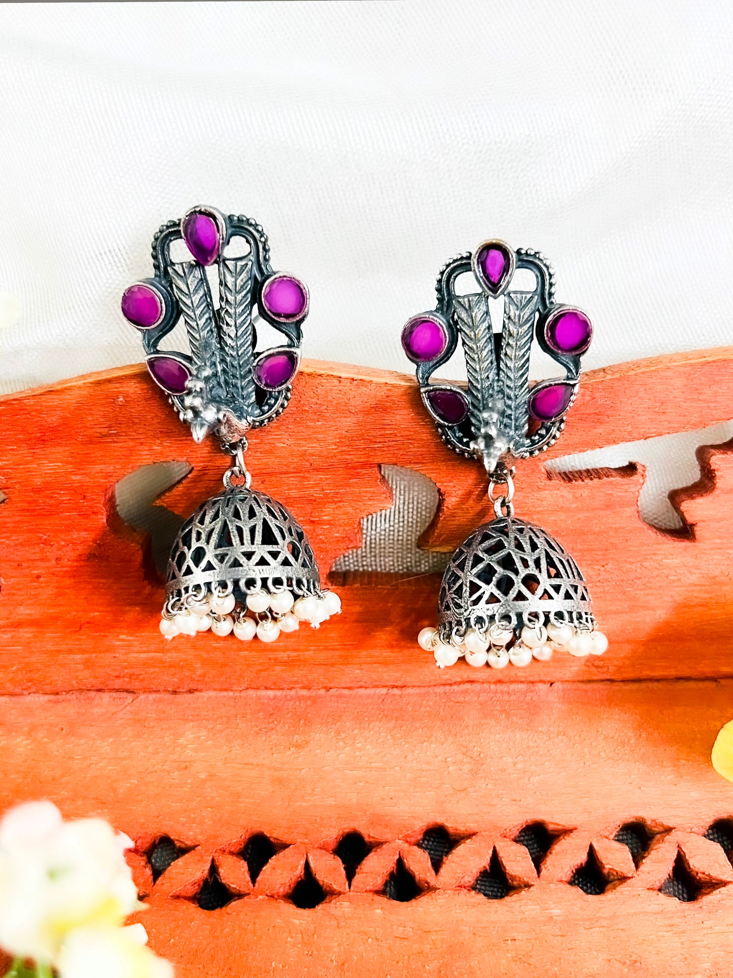 Silver Replica Peacock Jhumka Earrings Available in Two Color Varients