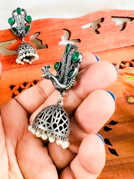 Silver Replica Peacock Jhumka Earrings Available in Two Color Varients
