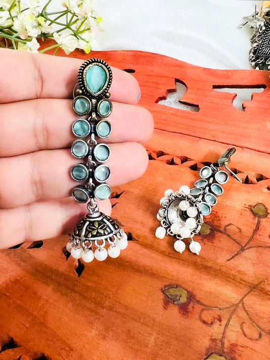 Sea Green Stone Leafy Vine Ethnic Jhumkas for Women