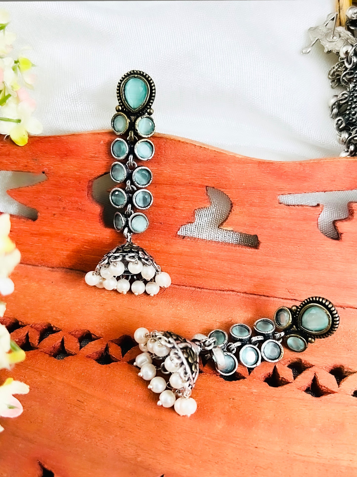 Sea Green Stone Leafy Vine Ethnic Jhumkas for Women