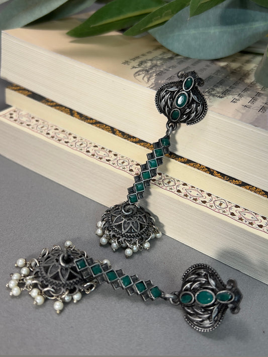 Oxidised Silver Boho Emerald Green Color Jhumka Earrings for Women