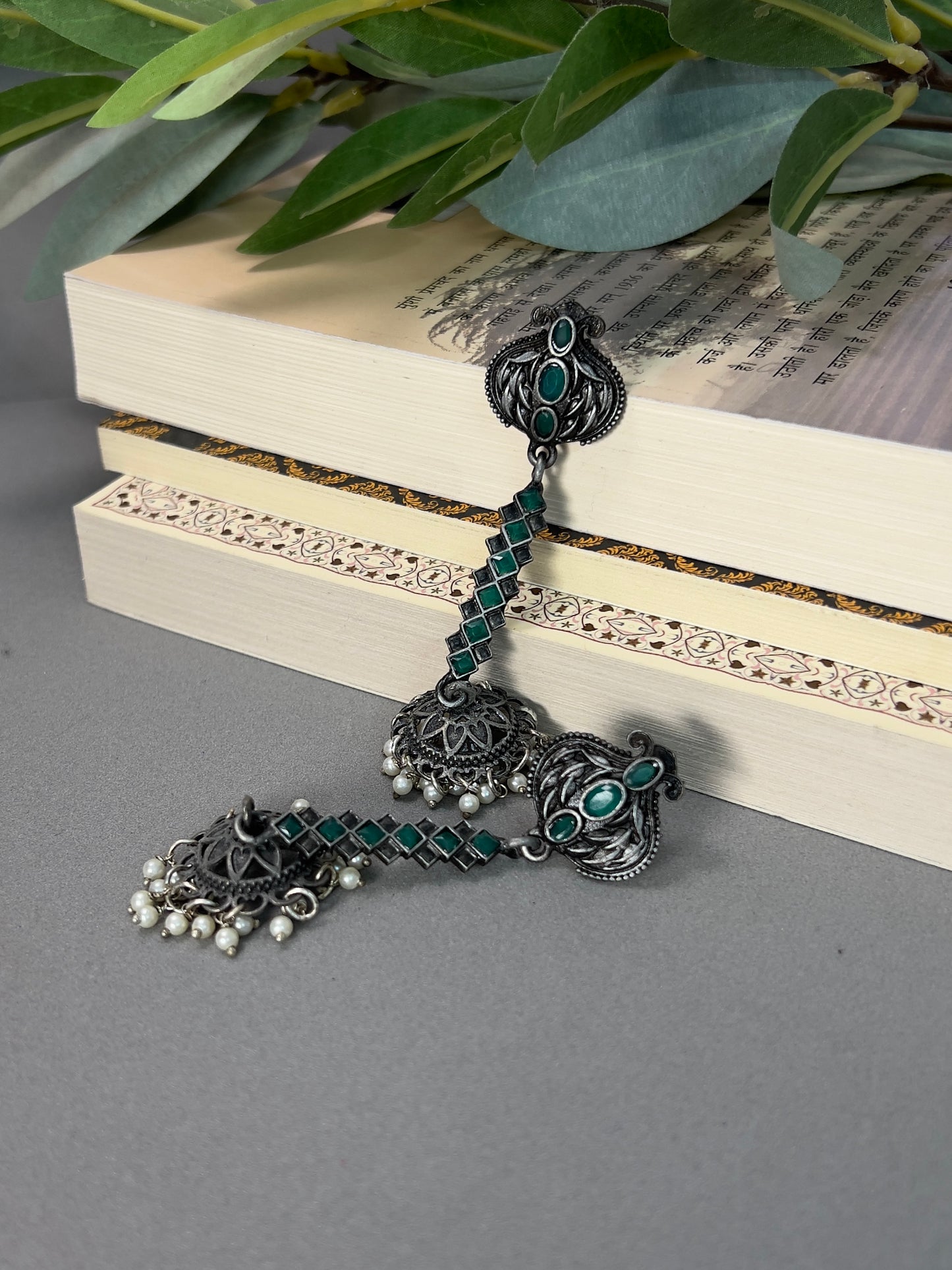 Oxidised Silver Boho Emerald Green Color Jhumka Earrings for Women