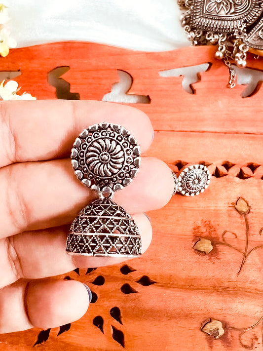 Oxidised Silver Small Ethnic Light Daily Wear Jhumkas for Women