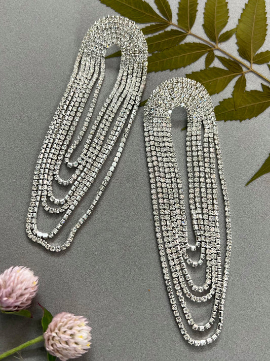 Silver Long Rheinstone Party Wear Earrings for Elegant Classy Glamorous Look Women