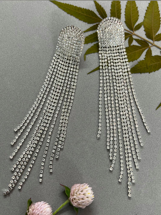 Long Silver Party Wear Elegant Graceful Rheinstone Dangle Earrings
