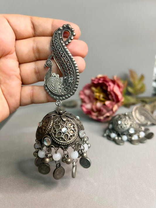 Light Antique Finish Oxidised Silver Long Peacock Jhumkas Earrings for Women