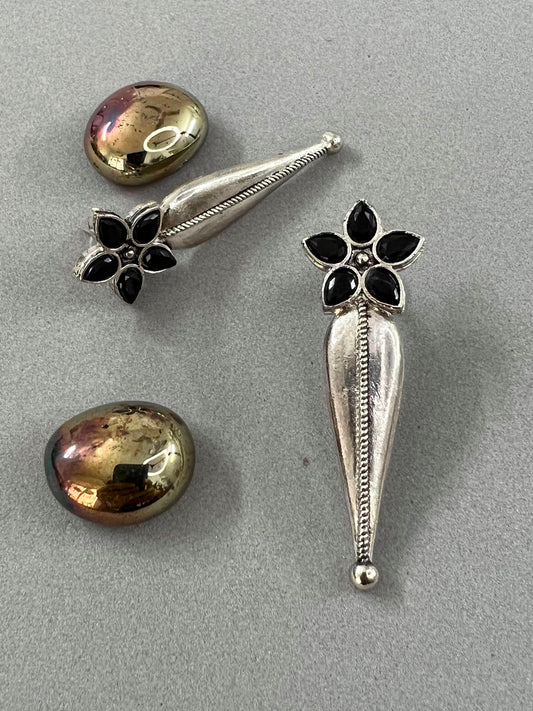German Silver Black Stone Studded Flower and Leaf Studs Earrings