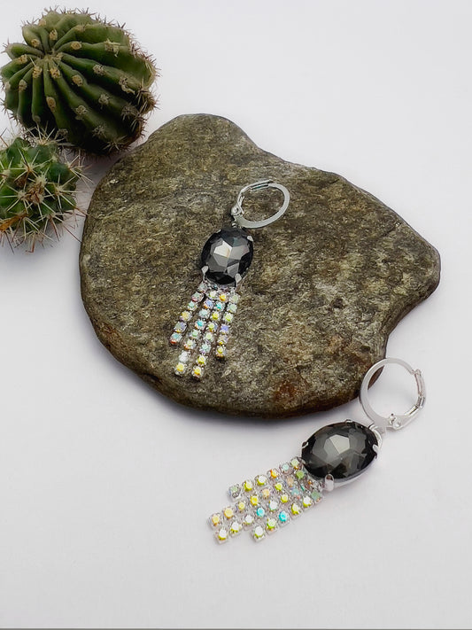 Black and Rainbow Rheinstone Drop Hoop Earrings