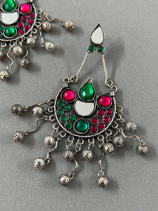 Mirror and Kundan Afghani Oxidised Earrings